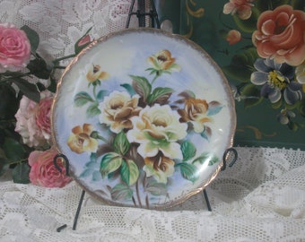 Norleans Japan Hand Painted Porcelain Plate, Yellow Roses, Cottage, Artist Signed