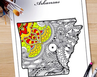 Arkansas State Map Adult Coloring Page Printable July 4th Art Zentangle Pages Download