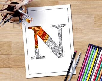 Adult coloring book page letter N, Printable alphabet, art therapy, colour in doodles, monogram fonts, Zentangle initials, diy gifts