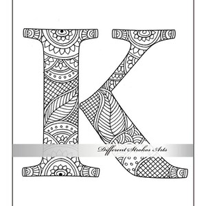 Zentangle Alphabet Printable Coloring Page Letter K Adult | Etsy