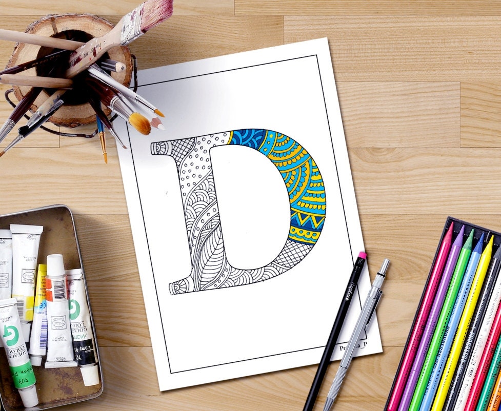 zentangle alphabet coloring page letter d to color for etsy