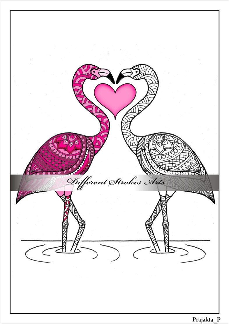 Valentine's day printable adult coloring pageflamingos | Etsy