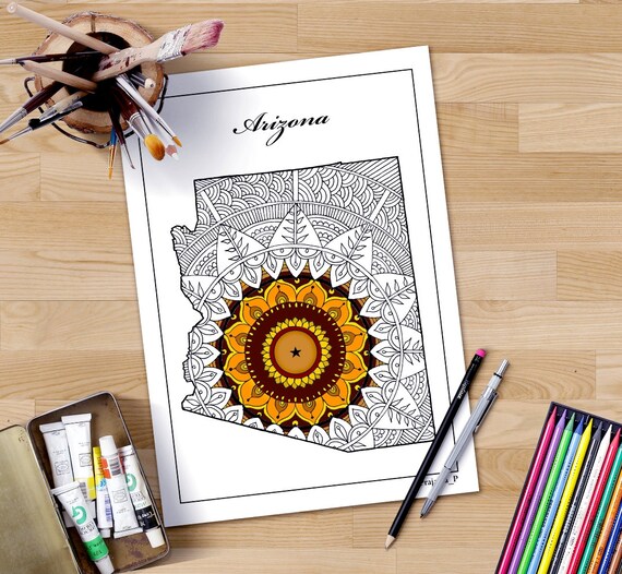 Arizona State Map Coloring Pages Adult Coloring Page Map | Etsy