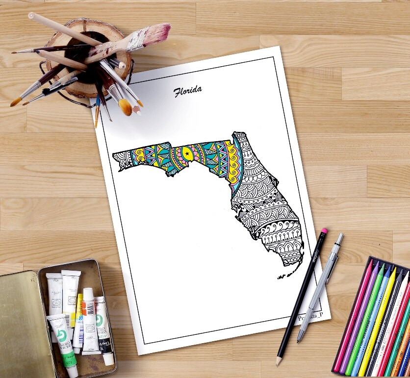 Florida Map Coloring Page For Adults Usa Map Art Printable Etsy