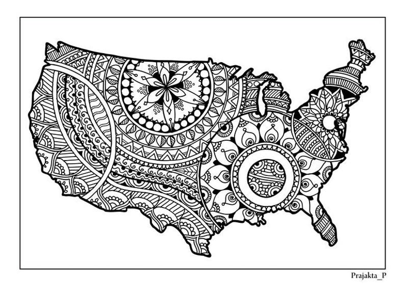 Download USA map printable adult coloring page inspired by Zentangle | Etsy