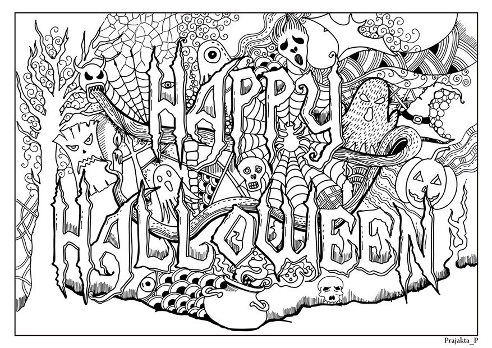 Happy Halloween adult coloring page printable instant | Etsy