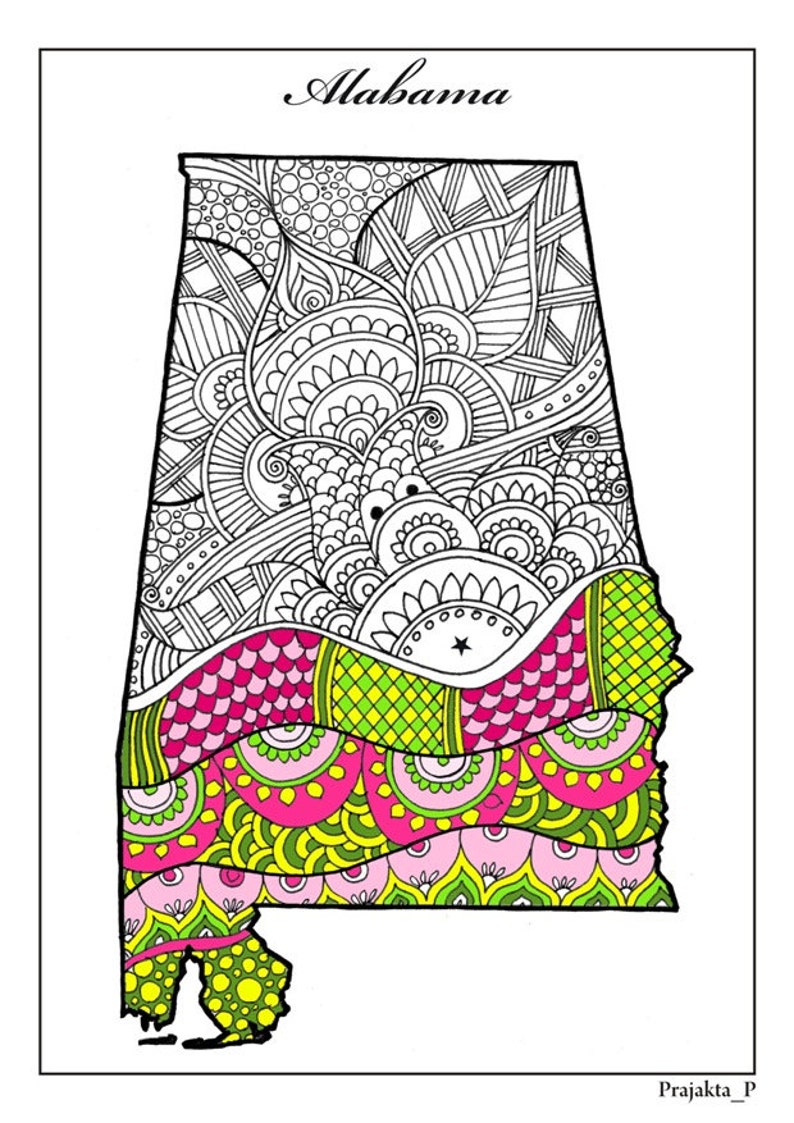 Adult coloring page Alabama state map printable coloring | Etsy