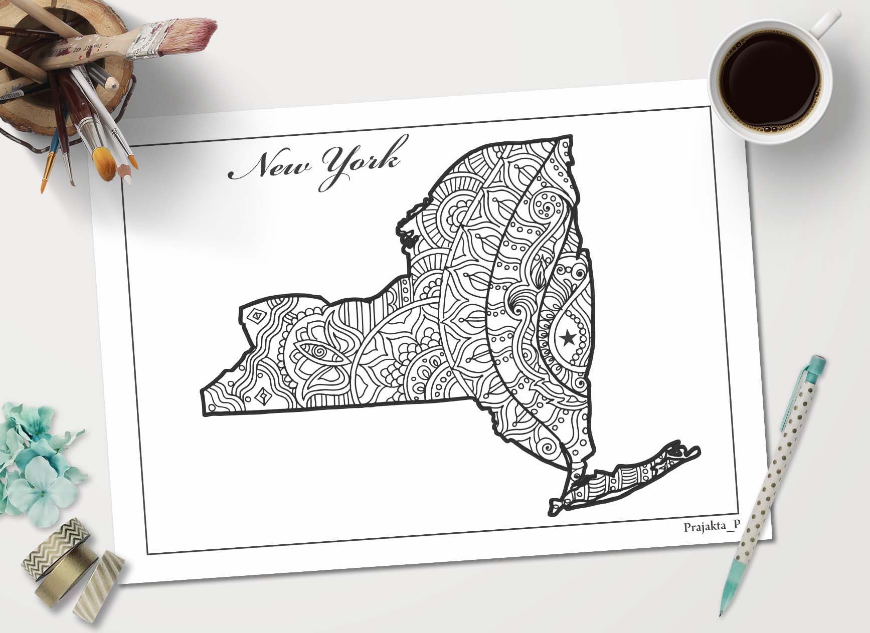 New York State Map Coloring Page Patriotic Printable Art Etsy