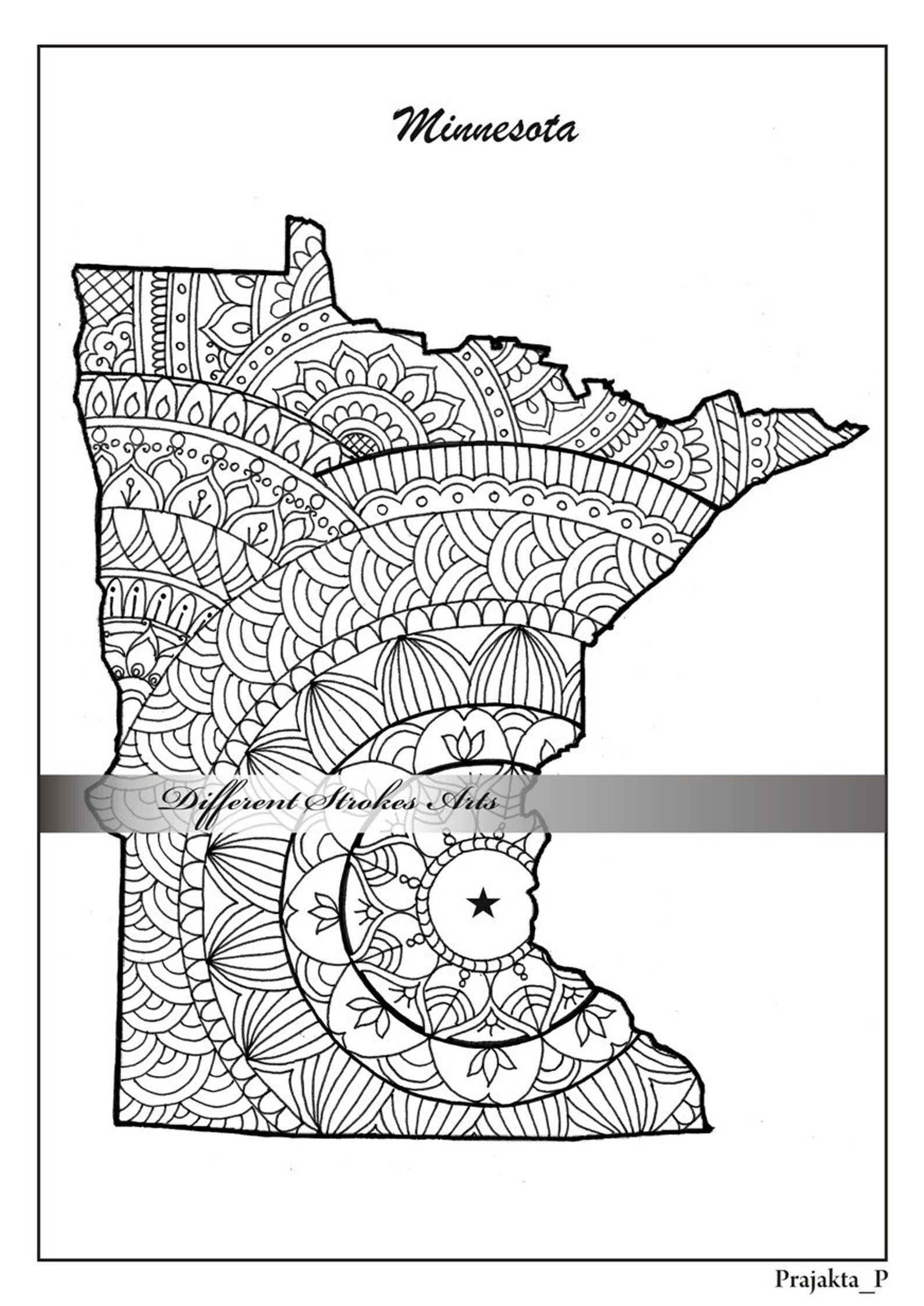 Minnesota decorative map coloring pages for adults Zentangle | Etsy