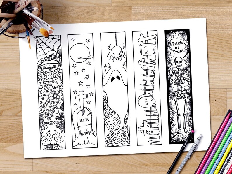Download Halloween Bookmarks Adult Coloring Page Halloween Coloring Etsy