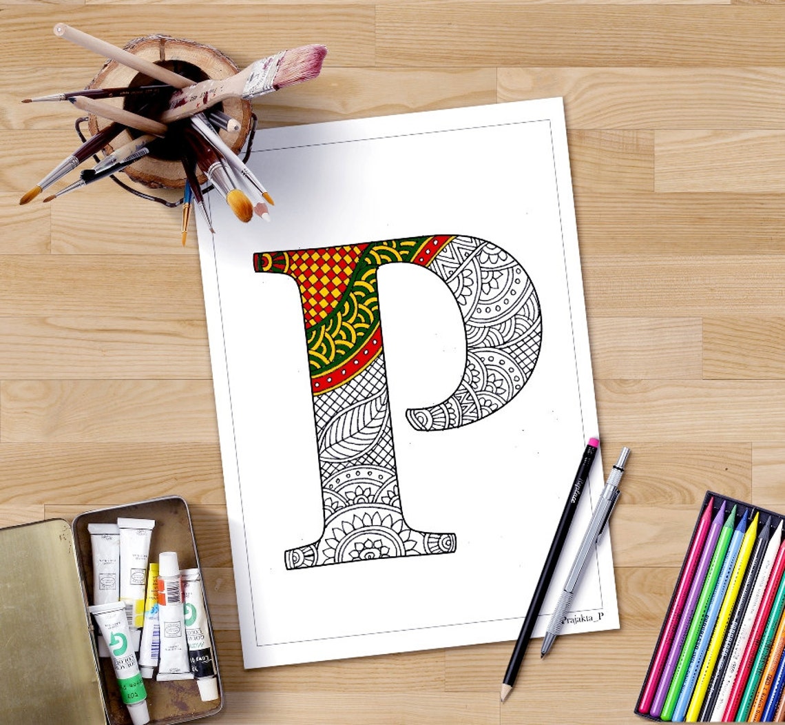 Download Adult coloring pages alphabet P printable zentangle ...