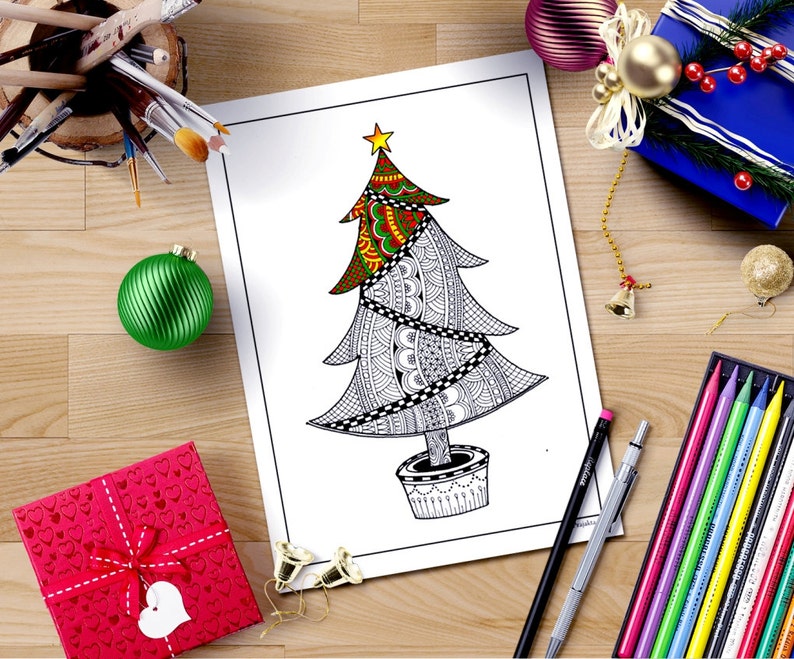 Zentangle Inspired Christmas Coloring Pagechristmas Tree Etsy