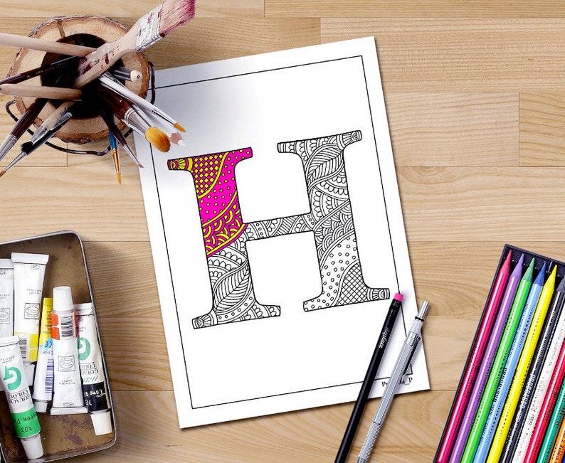 Download Zentangle alphabet coloring pages for adults letter H henna | Etsy