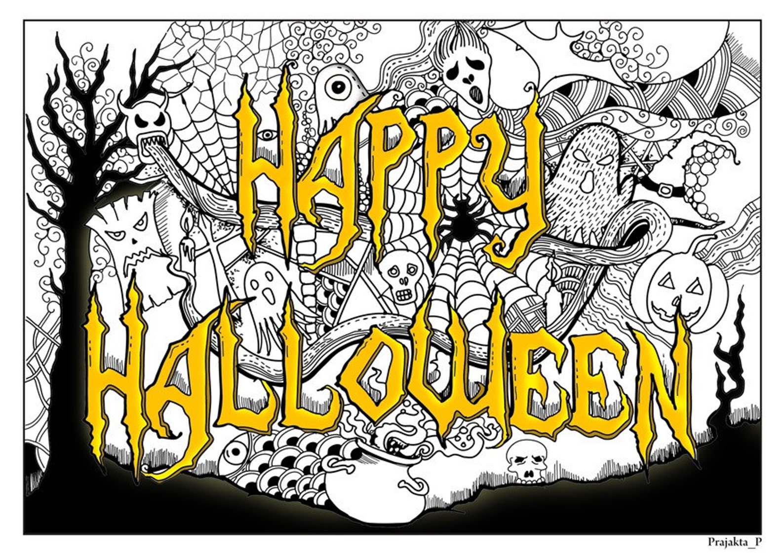 Happy Halloween Adult Coloring Page Printable Instant - Etsy