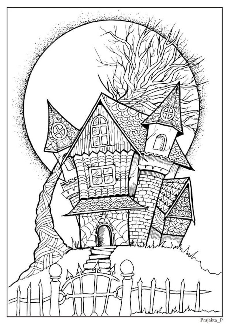 Haunted House Halloween Coloring Pages Printable Halloween Etsy