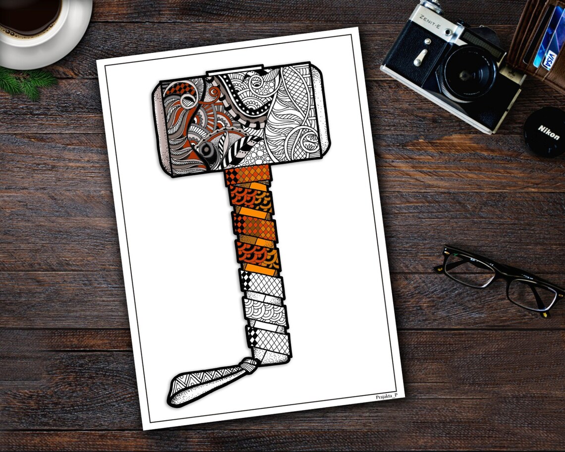 Adult coloring page zentangle superhero Thors hammer | Etsy