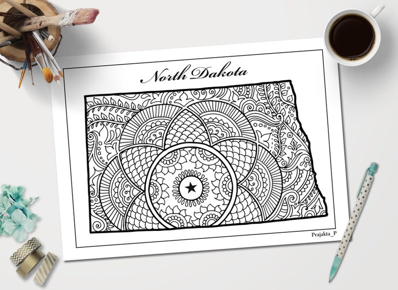 North Dakota Decorative Map Coloring Page for Adults United | Etsy