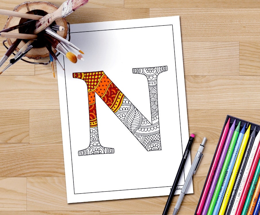 adult coloring book page letter n printable alphabet art etsy ireland