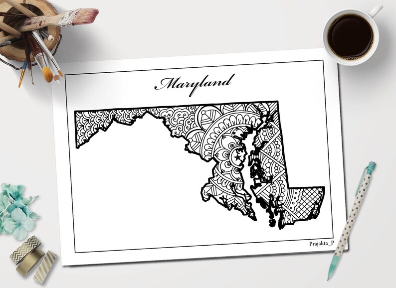 Maryland Map Coloring Page for Adults, United States Mandala Doodle Map ...