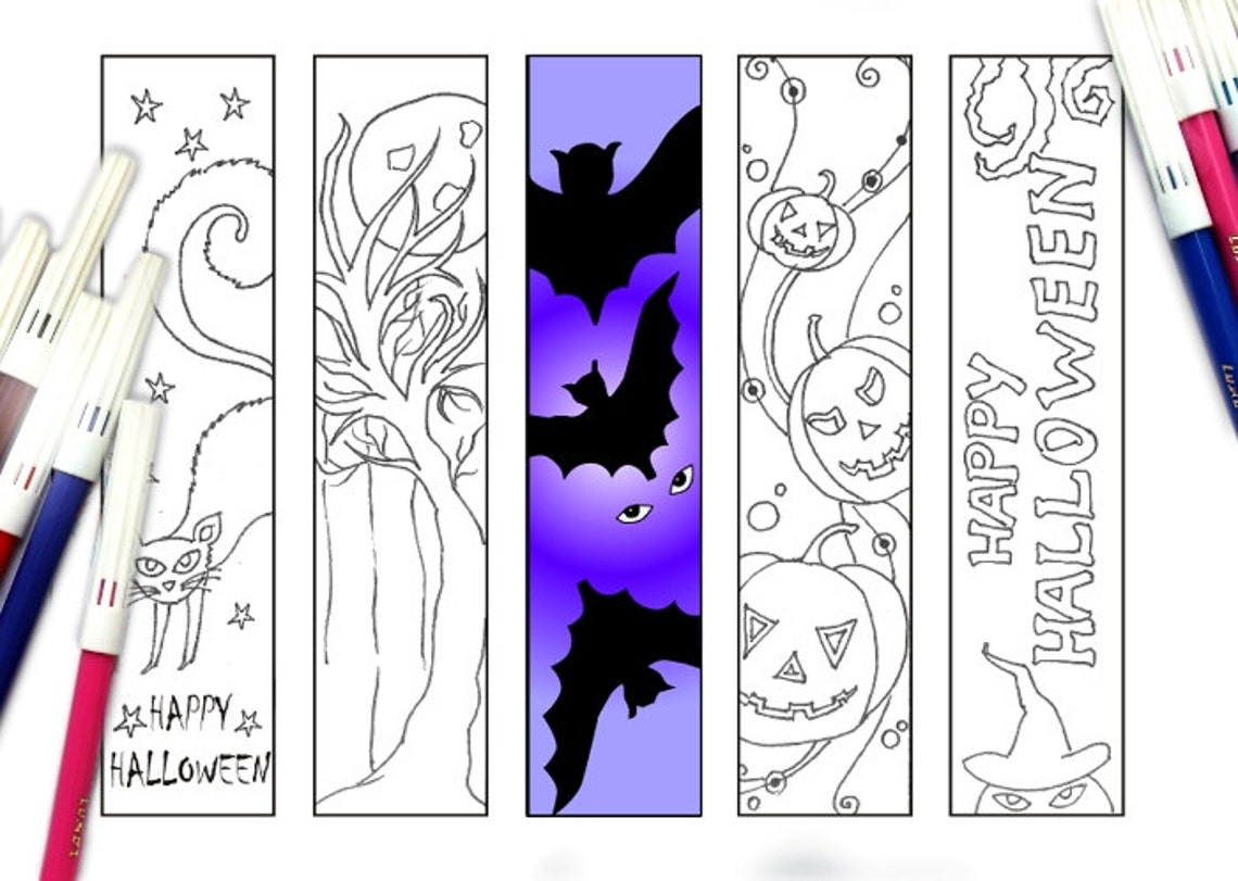 Halloween coloring bookmarks printable bookmarks to color | Etsy
