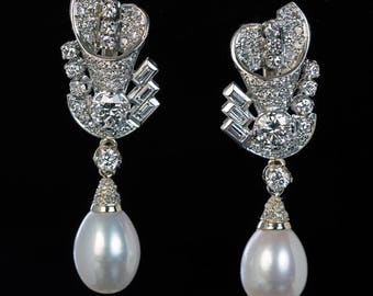 Vintage Art Deco Diamond Cultured Pearl Dangle Earrings