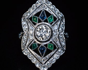 Art Deco Vintage Diamond Sapphire Emerald Platinum Ring Ref: 544856