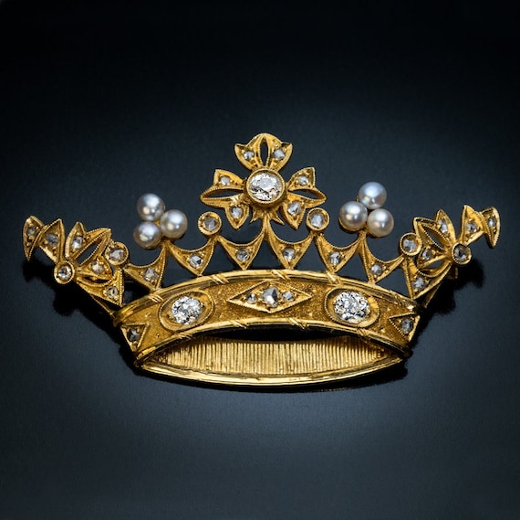 Antique Diamond Pearl Gold Crown Brooch