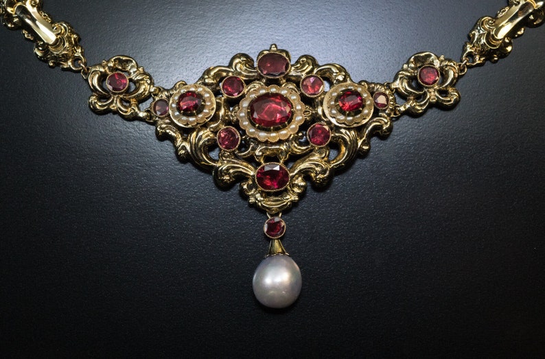 Antique Renaissance Revival Garnet Pearl Gold Necklace - Etsy