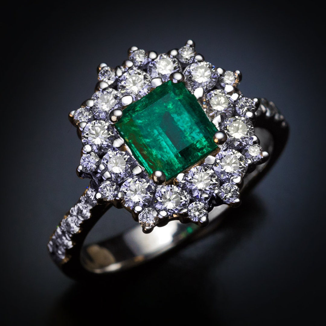 Vintage Emerald Diamond Cluster Engagement Ring - Etsy