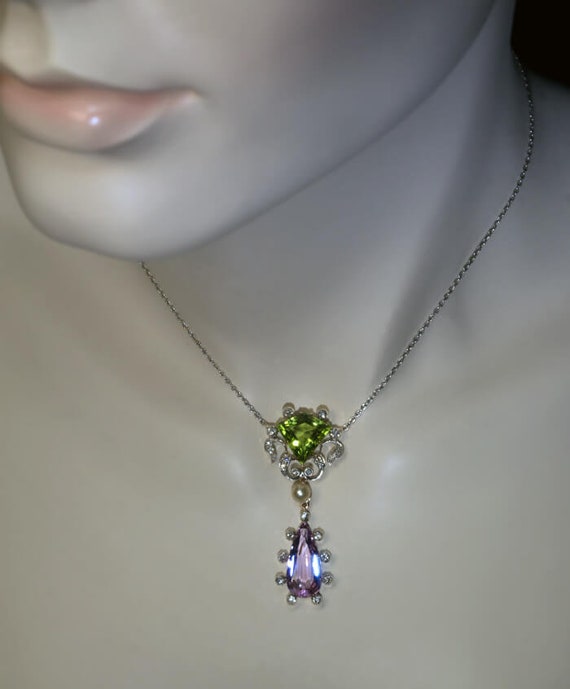 Art Nouveau Antique Peridot Pink Topaz Pearl Diam… - image 2