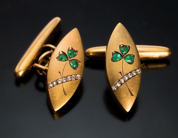 Art Nouveau Antique Emerald Diamond Gold Cufflinks - image 1