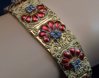 Vintage Filigree Gold, Enamel, Sapphire Bracelet