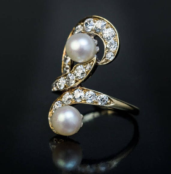 Belle Epoque Antique Diamond Pearl Gold Ring - image 2