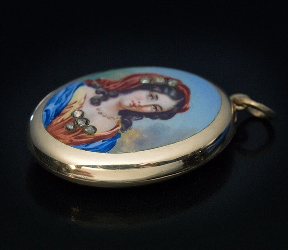 Antique 19th Century Painted Enamel Gold Locket P… - image 2