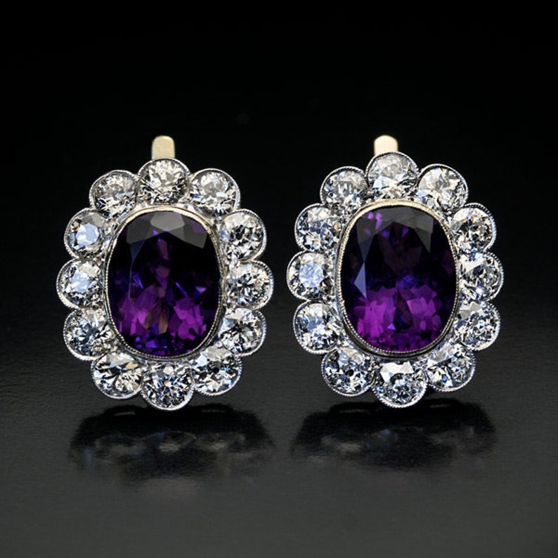 Large Antique Russian Amethyst Diamond Cluster Earrings Large Antique Russian Amethyst Diamond Cluster Earrings