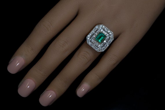 Antique Art Deco Emerald Diamond Platinum Gold Ri… - image 3