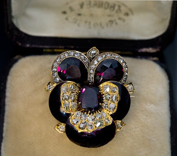 Antique Russian Garnet Enamel Diamond Gold Pansy B
