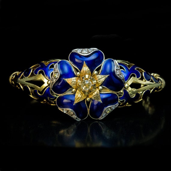 Antique Blue Enamel Diamond Gold Bangle Bracelet - image 1