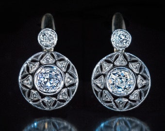 Antique Diamond Platinum Gold Openwork Earrings