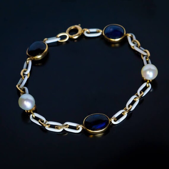 Antique Cabochon Sapphire Pearl Enamel Gold Brace… - image 2
