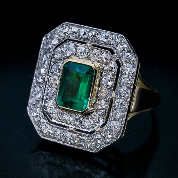Antique Art Deco Emerald Diamond Platinum Gold Ri… - image 1