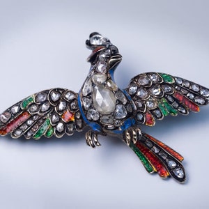 Georgian c. 1750 Diamond Enamel Bird of Paradise Brooch