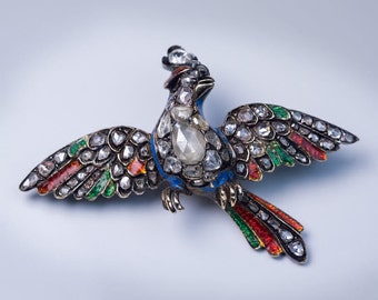 Georgian c. 1750 Diamond Enamel Bird of Paradise Brooch