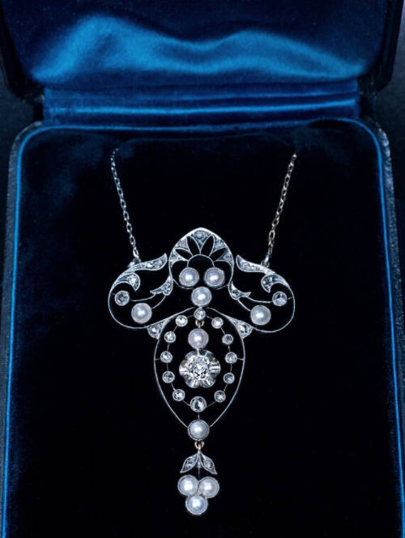 Antique Edwardian Pearl Diamond Pendant Necklace 1