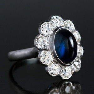 Vintage Cabochon Sapphire Diamond Platinum Engagement Cluster Ring