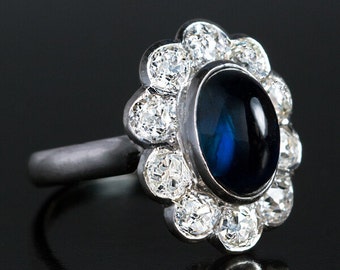 Vintage Cabochon Saphir Diamant Platin Verlobungsring Cluster