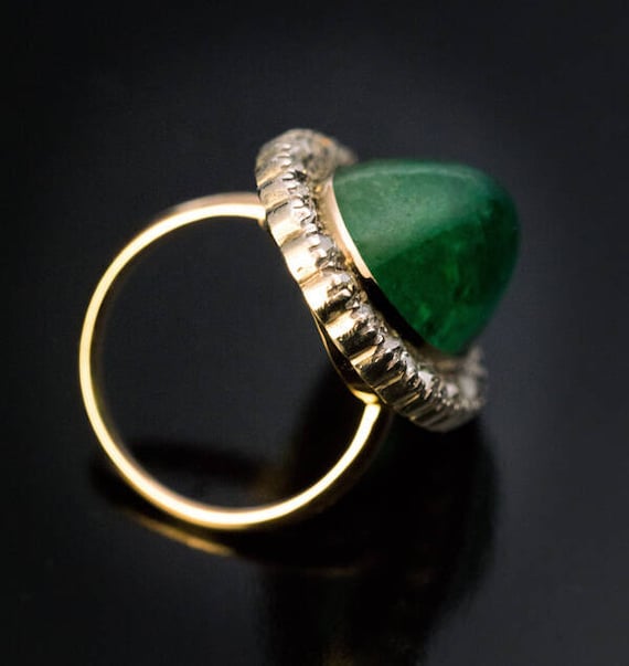 19.17 Ct Cabochon Emerald Diamond Antique Ring - image 3