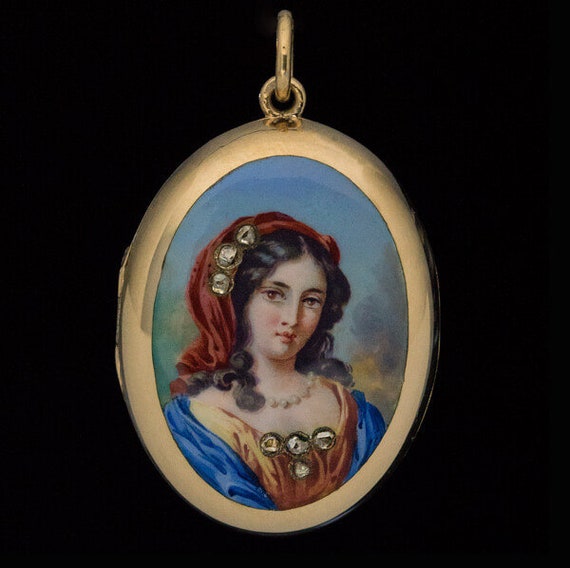 Antique 19th Century Painted Enamel Gold Locket P… - image 1