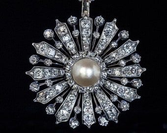 Antique Victorian Large Natural Pearl Diamond Brooch Pendant