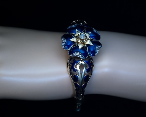 Antique Blue Enamel Diamond Gold Bangle Bracelet - image 3